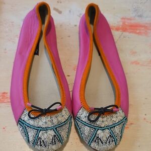 Women's Pink and Orange Trim Embroidered Ballet Flats